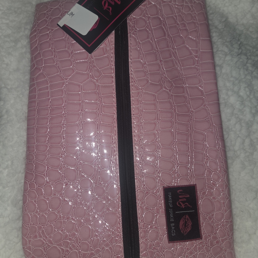 Makeup Junkie Large Elegant Pink Croc-Embossed Cosmetic Bag